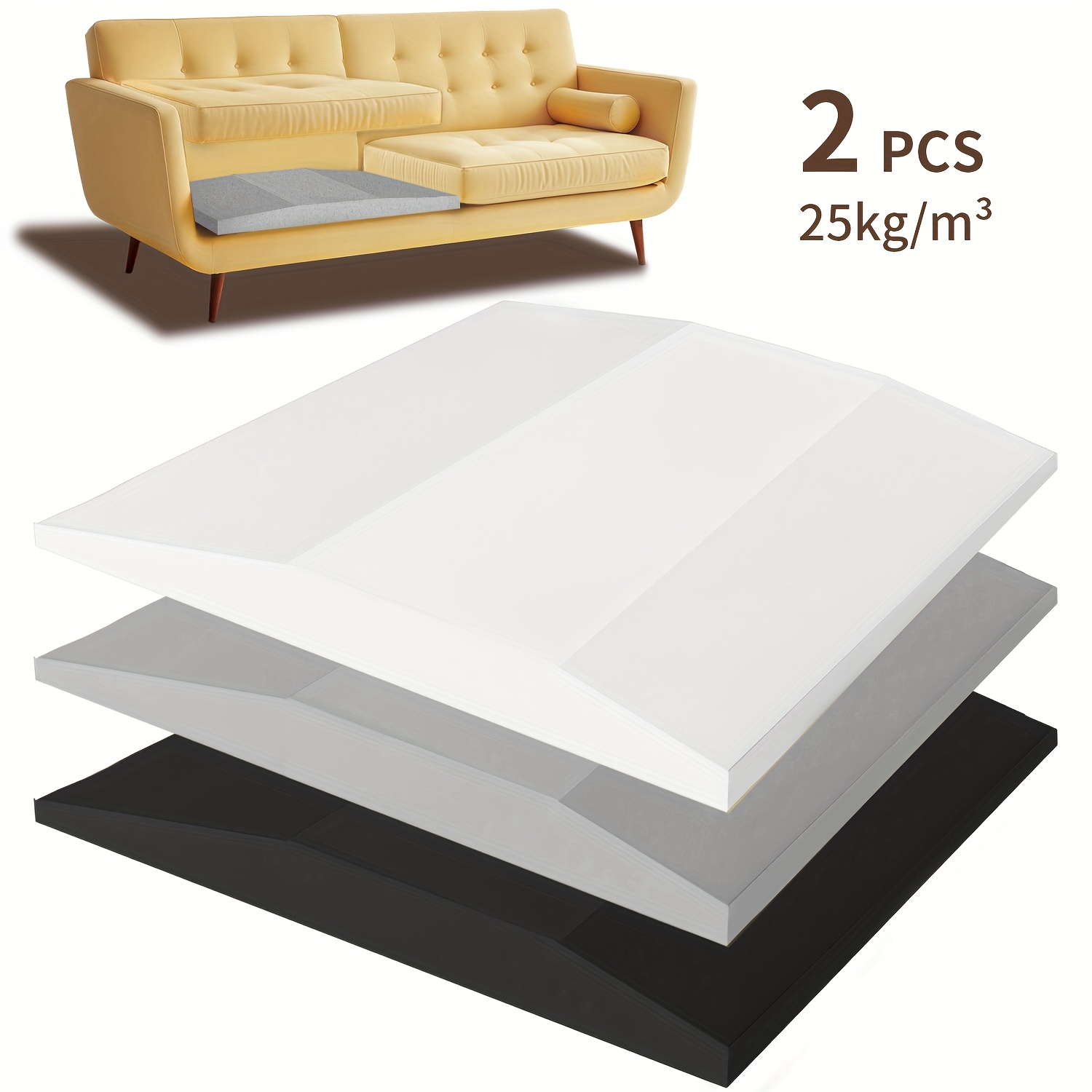 

2pcs High-density Foam Sofa Cushion Inserts - 25kg Support, Black, White & Gray, Polyurethane Upholstered Seat Pads For And Style In Living Room Or Office