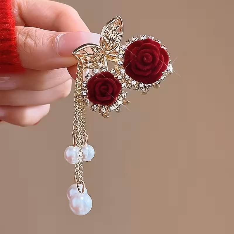 burgundy rose alloy claw clip hair tie 2pcs set imitation pearl tassel additions set claw clip hair tie hair additions set rose claw clip tassel claw clip alloy claw clip retro elegant half tie hair bun Product details 1