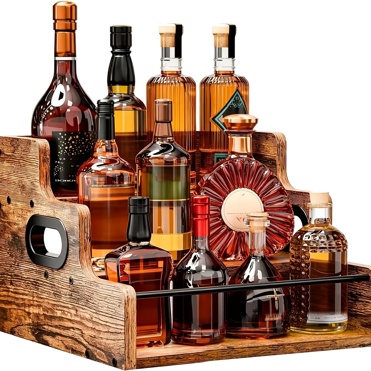 Solid Wood Liquor Bottle Display Shelf, Coffee Syrup Rack Organizer, 3 Step Countertop Liquor Wine Rack, Bar, Liquor Cabinet, Home Bar Shelf Stand for Liquor Whiskey, Spirits, Spice Rack