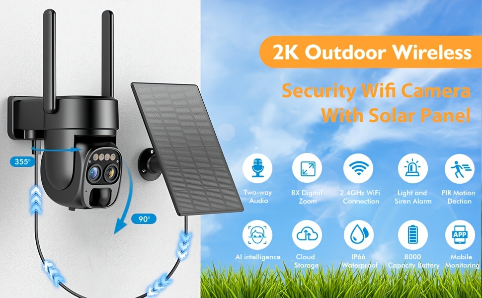 كاميرا أمان لاسلكية خارجية من Hawkray 2.4G WIFI تعمل بالطاقة الشمسية، مع صوت ثنائي الاتجاه مع إضاءة فلاش وإنذار PIR للكشف عن الحركة، تكبير 10X، دقة 2K، تحكم بانورامي بزاوية 360 درجة.