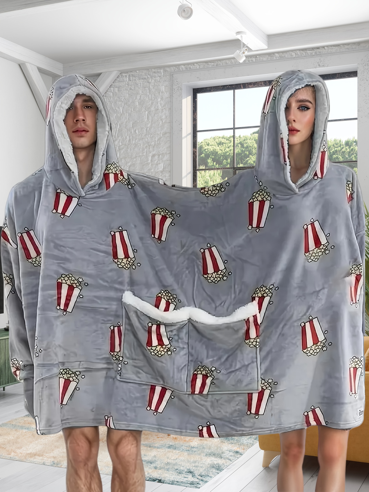 Couple’s Plus Size Flannel Pajamas with Cartoon Print