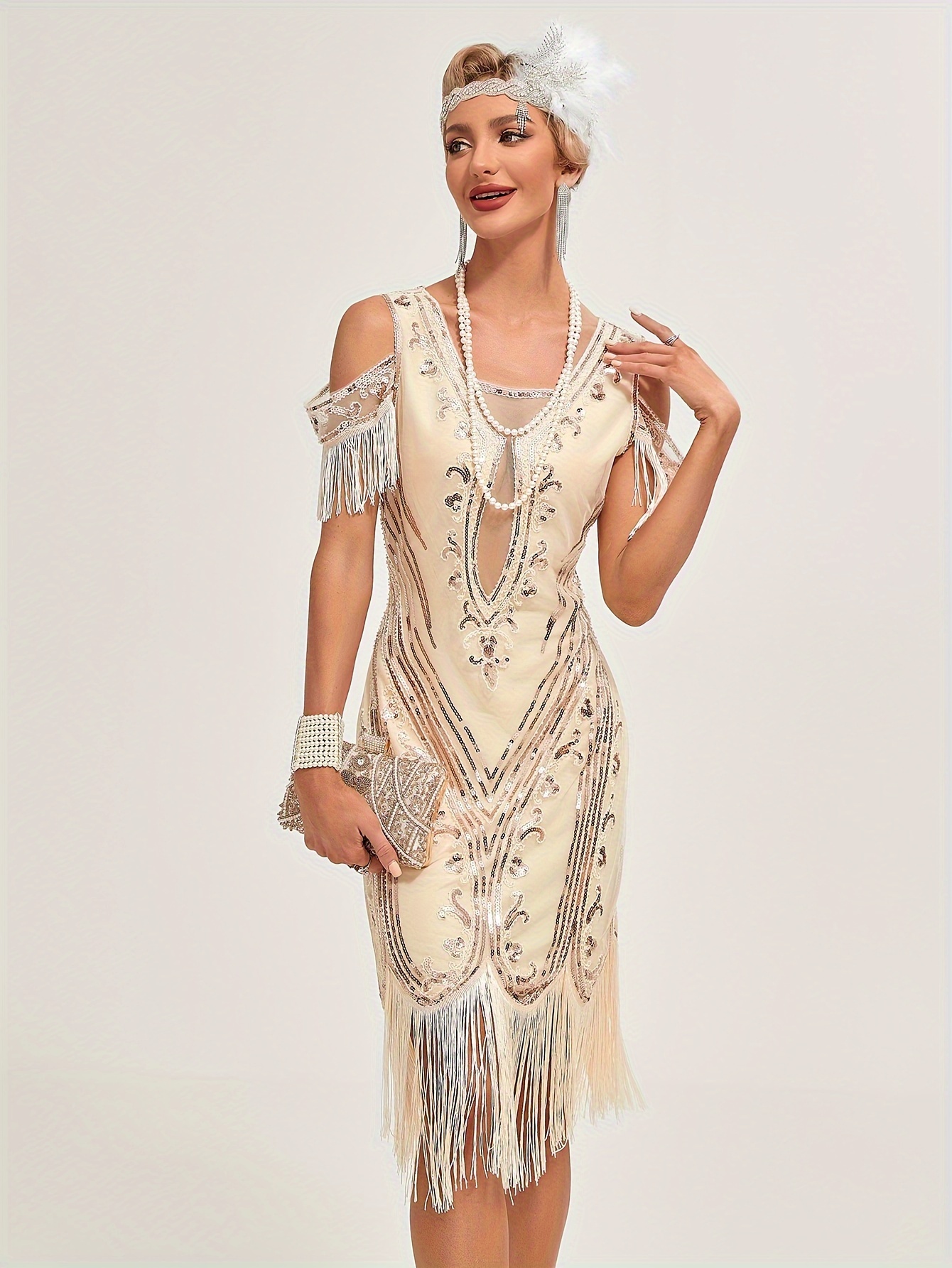 1920s vintage sequin party dress fringe short sleeve - Temu Belgium, image size:800x1066