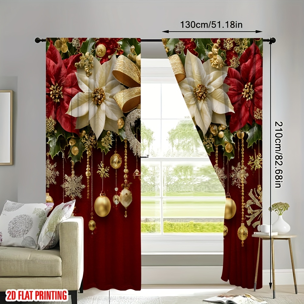 TEMU 2D Plat - 2D Plat - Set van 2 platte gordijnen met kerstkransdesign, gemaakt van digitaal geprint polyester. Ideaal voor het decoreren van