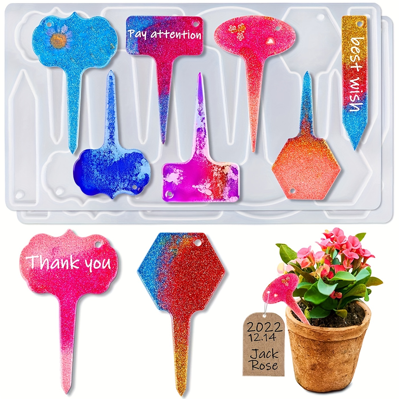 1pc- Resin Plant Label Resin Mold, Including 10 Silicone Mold, Epoxy Resin Cast For Art, , T-shaped, Flower Seedling Tool