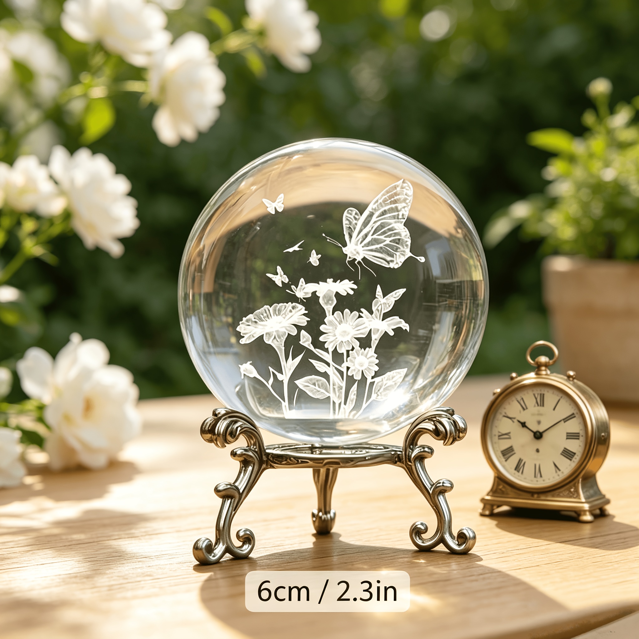 TEMU Flower And 3d Laser-engraved Crystal Ball Ornament With Silvery Carved Metal Stand, Pastoral Style Desktop Decoration, Birthday Gift For Girls