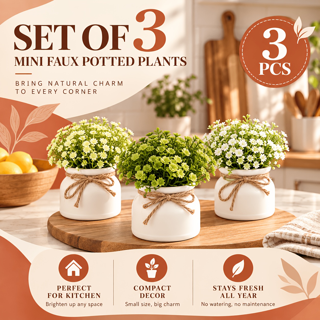 TEMU 3 Pots de Mini Plantes en Pot Gypsophile Artificielle, Fausses Fleurs Réalistes pour Verdure de Bureau, Convient pour Salon, Chambre, Bureau,
