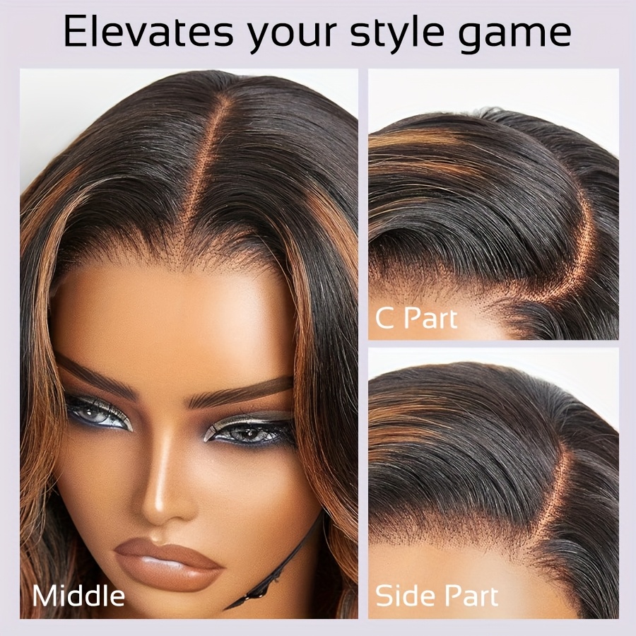 5x5 glueless lace front wig with brown highlights   loose body wave human hair wig 200 density long black hairpiece for women   natural look wig accessories versatile hairpiece pre  hairline Product details 0