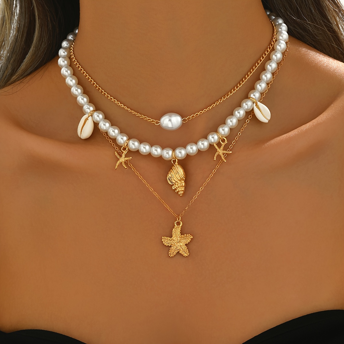 

-chic Ocean-inspired Layered Necklace With Pearls, Starfish & Seashell Charms For Women – Golden- Alloy Stacking Jewelry For Casual Attire, Casual Jewelry | Style | Alloy Construction, Jewelry