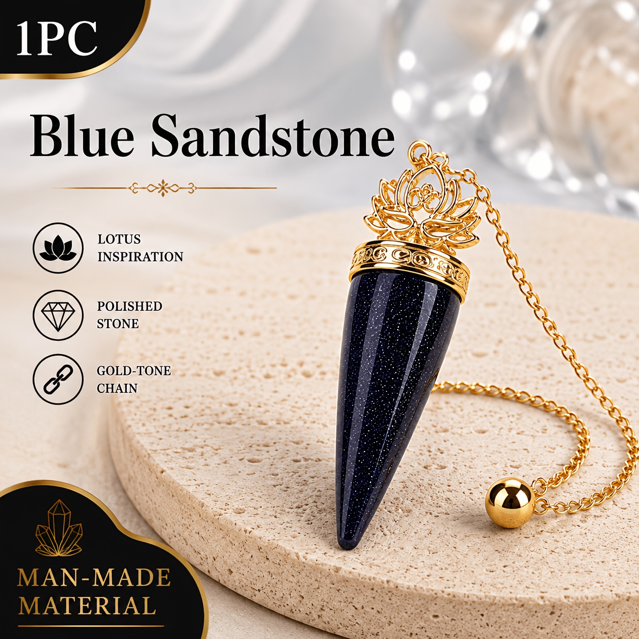 Bohemian Crystal Golden-Tone Lotus Cone Pendant with Chain