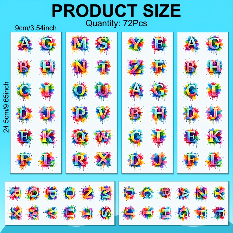 TEMU Alphabet Decoration 72pcs. Watercolor Alphabet Uv Dtf Colored Text Diy Motel Keychain Decorative Paper Uv Dtf Transfer, Suitable For Keychain