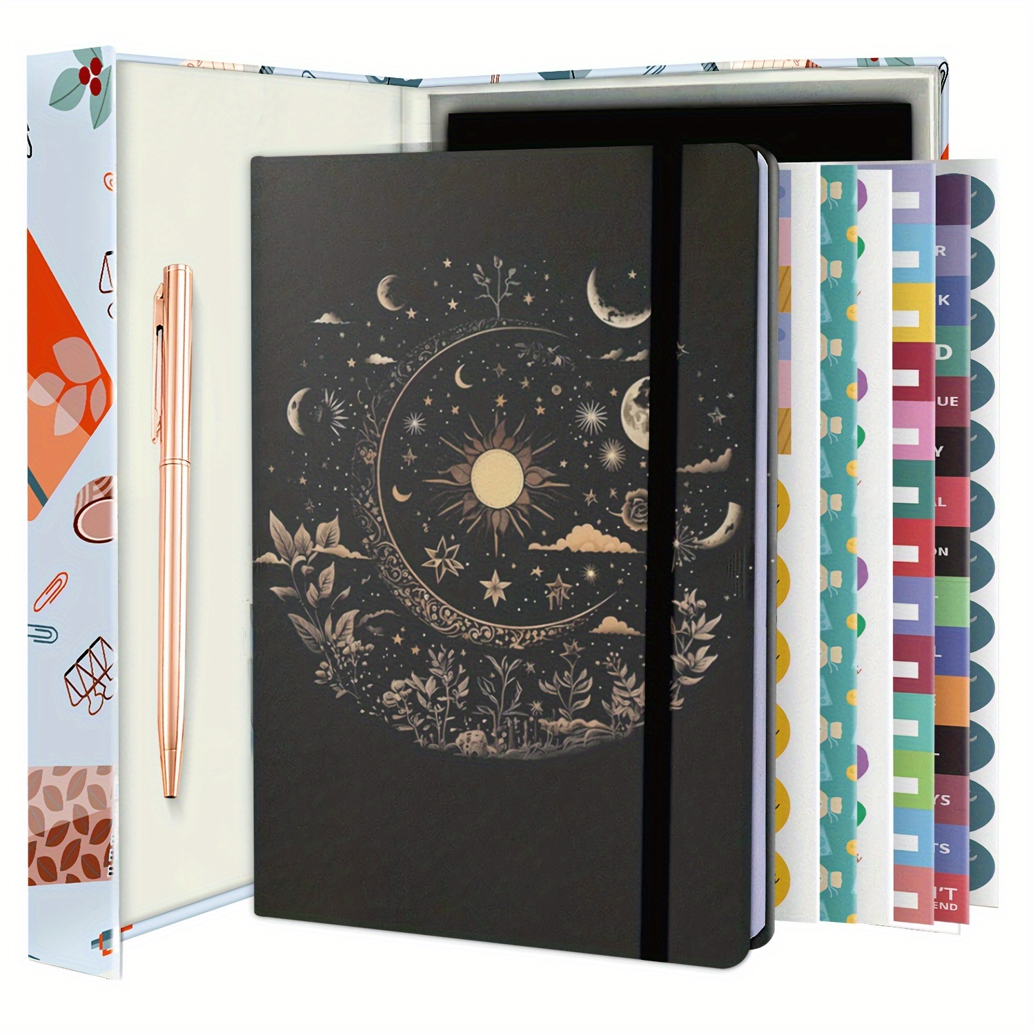 

Premium Black Vegan Leather Weekly Planner With Sun, Moon, And Night Sky Design, Pen Loop, Elastic Band, And Bookmark For Adults - English Language Planning Pad With Pockets And Ruled Pages