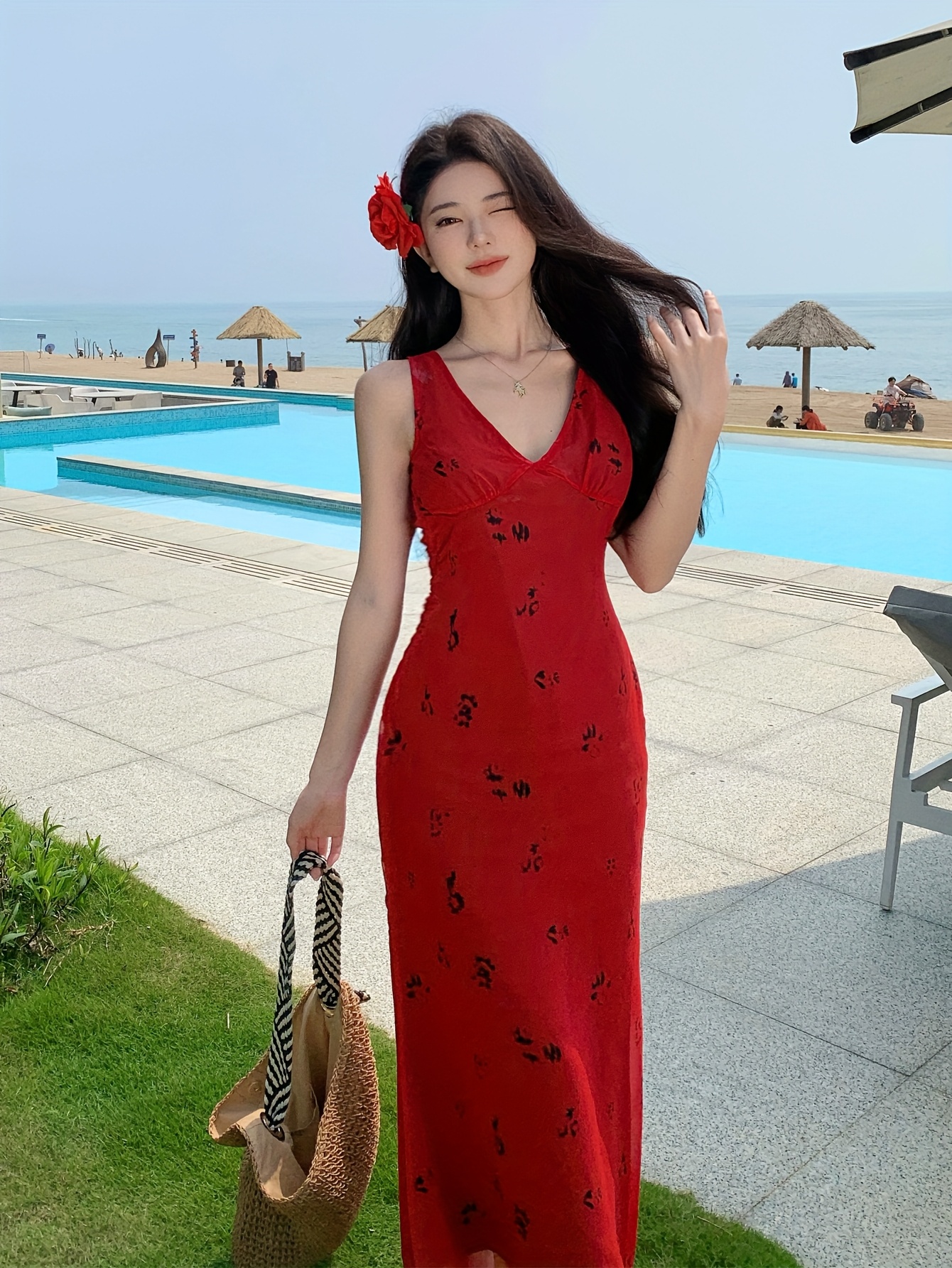 womens red geometric print maxi dress sleeveless v neck