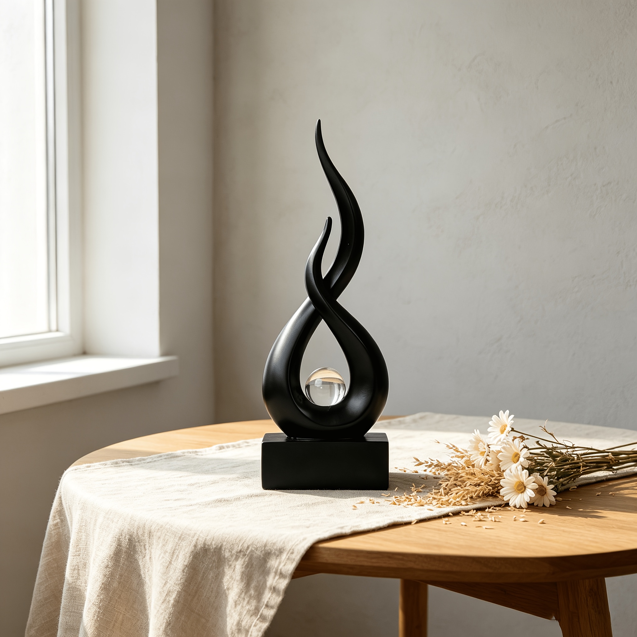TEMU Modern Minimalist Black Flame Abstract Resin Statue, With Crystal Ball Base. Luxurious Artistic Decoration Item. Suitable For Entrance Of Living