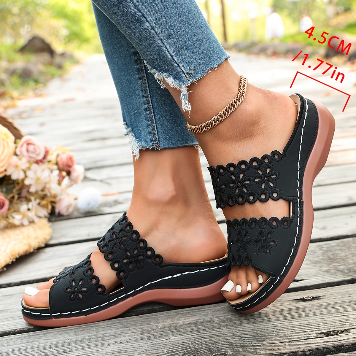 TEMU Women's Summer Floral Cut-out Plus Size Strappy Wedge Heel Casual Slippers, Women Shoes