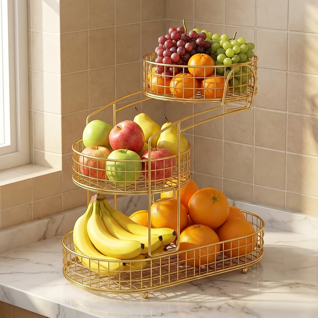 TEMU 1pc Large-capacity Three-tier Metal Fruit Basket, For Food Storage And Organization, Kitchen, Living Room, And Bedroom Storage, Storage.