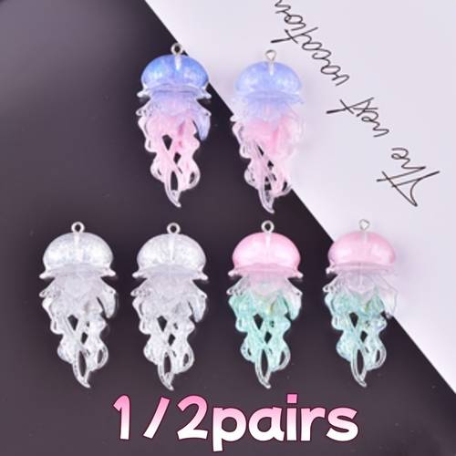 1/2pairs Resin Jellyfish Pendants with Glitter & Luminous Effect, Long Tail Design, Decorative Components for Jewelry Crafting(random Color)