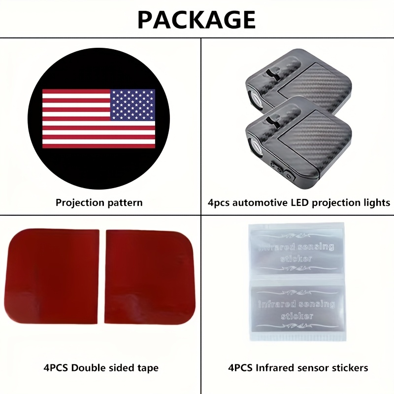 TEMU 4pcs American Flag Car Door Welcome Shadow Led Projector - Vivid Led Lights For Cars, Battery Powered, , 4pcs Reflective Stickers+4pcs