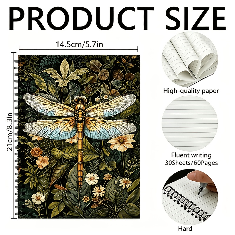 TEMU A Bohemian-style Notebook Featuring A Spiral Binding And 60 Pages () Of Blank-lined Paper, With Exquisite Dragonfly And Floral Patterns, Making