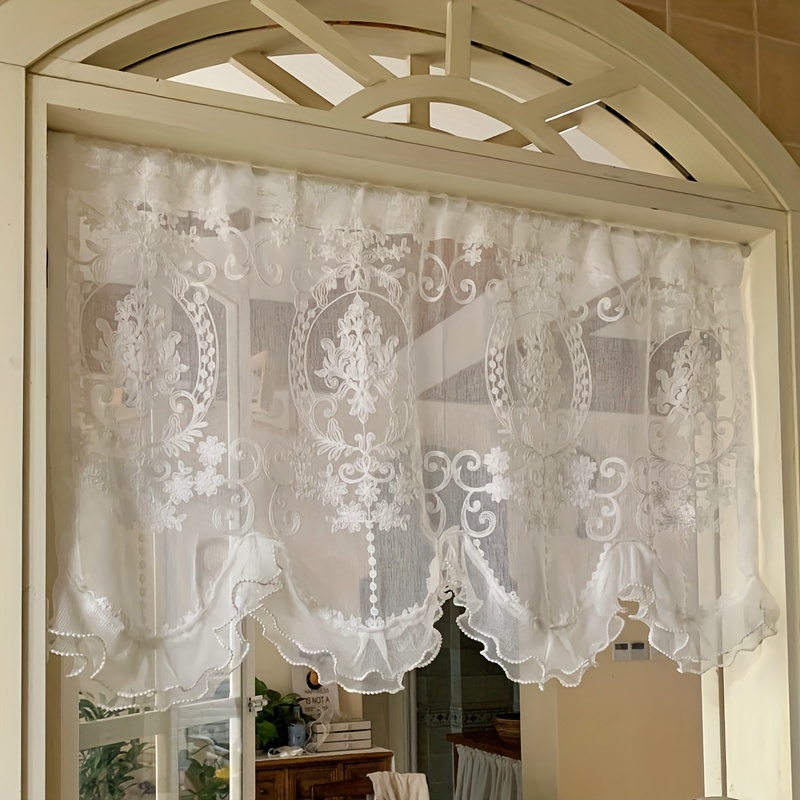 

Vintage Jacquard Lace Tiers Curtain Set With Valance - Machine Washable Embroidered Moire Pattern Rod Pocket Curtains For Living Room And Bedroom - Unlined Polyester Pastoral Window Treatment