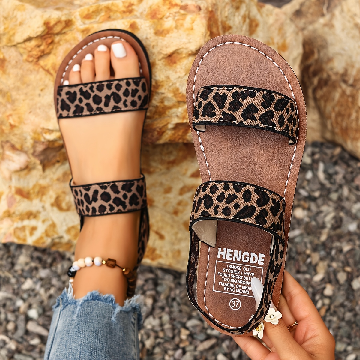 TEMU New Summer Trendy Fashion Women's Leopard Print Sandals, Open-toe Beach Vacation Slides, Influencer Women's Shoes, Versatile Seaside Slippers,