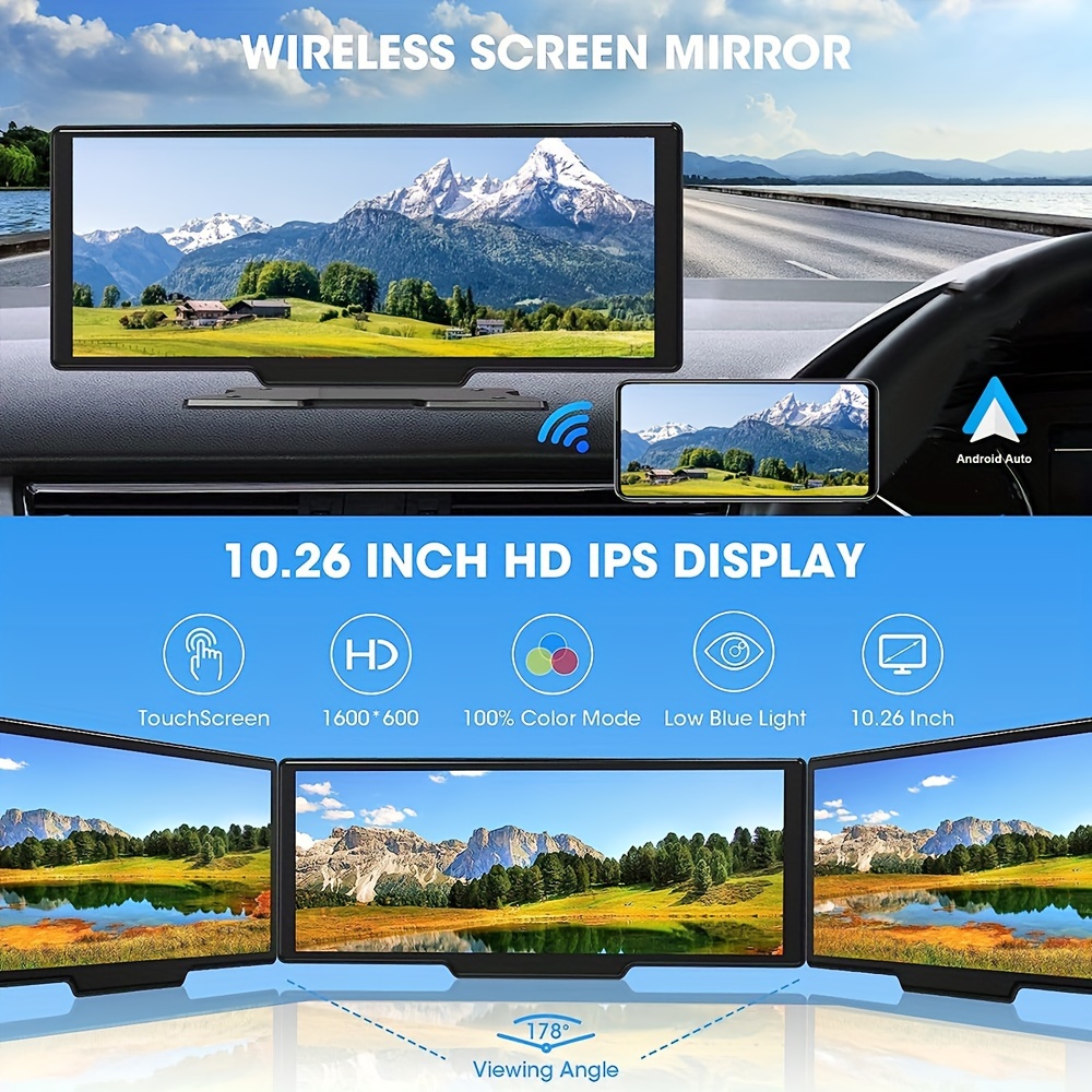  10.26 Inch Wireless Apple Carplay Android Auto Portable Car  Stereo, 2.5K Dash Cam IPS Touchscreen, Android Auto Car Play Screen for Car  1080P Backup Camera 64G TF Card, Loop Recording. Mirror
