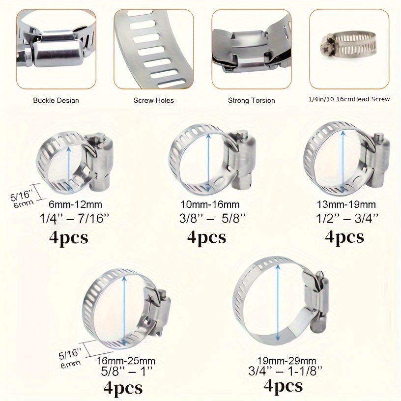 20pcs Stainless Steel Hose Clamp Set, Worm Gear Adjustable Range 1/4" - 1-1/8" (6-29mm), Durable Metal Clamps For Pipe, Intercooler, Plumbing, Tube, And Fuel Line.