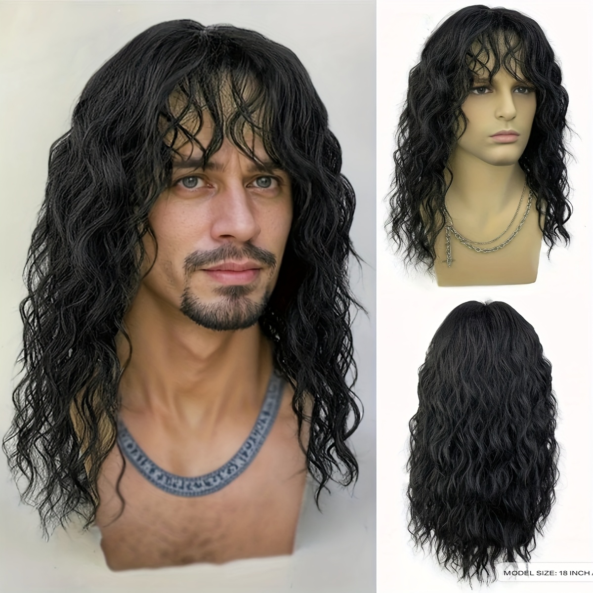 E-shop Herren Weiße Lockige Perücke mit Pony – Natürliche Wasserwelle Synthetikhaar für den Täglichen Gebrauch & Cosplay – Verstellbare Passform
