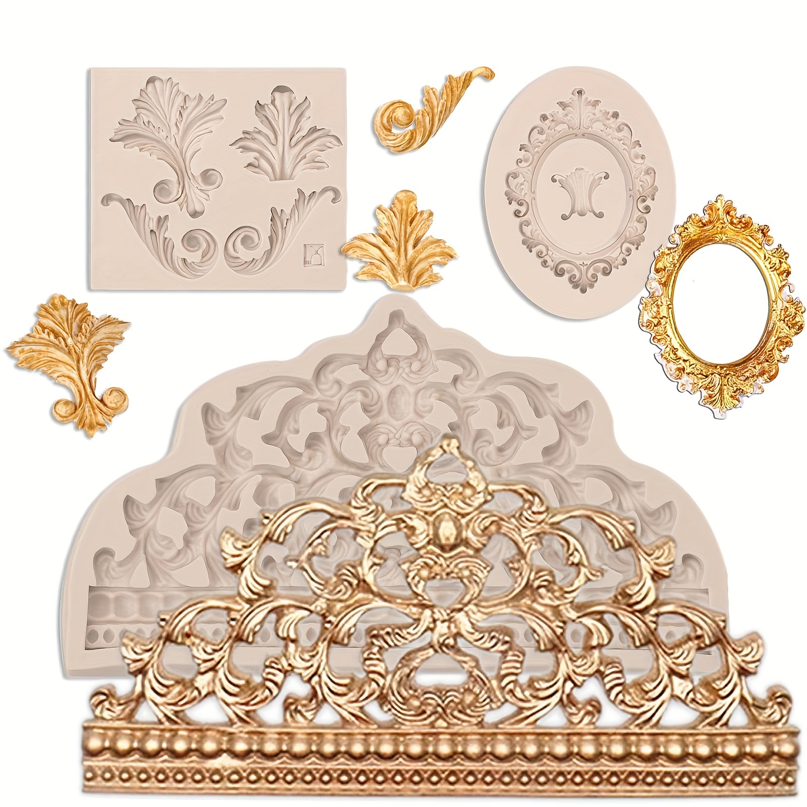 Image of 3pcs For Crown Fondant Mold Set, Baroque Silicone Picture Frame Molds, Cake Decorating Chocolate Molds For Halloween, Easter, Hanukkah, Thanksgiving, Valentine&;s Day