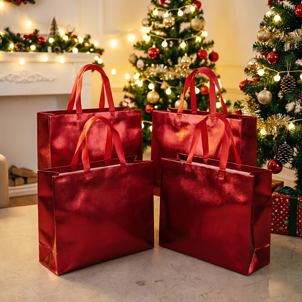 TEMU 4pcs Large Fashion Gift Bags With Handles, Glossy Red Reusable Non-woven Holiday Shopping , Suitable For Casual , Holiday Gifting, Size 15.7" X