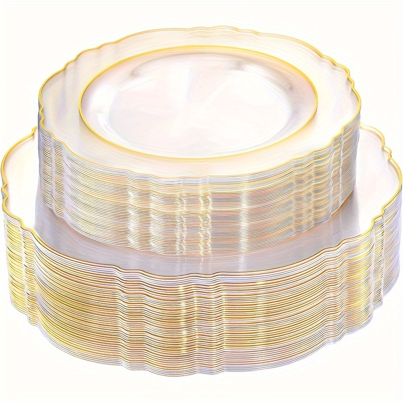 

100pcs Clear Disposable Plastic Plates With Gold Trim - Baroque Clear Gold For Parties Or Wedding - Including 50pcs Dinner Plates 10.25inch And 50pcs Salad Plates 7.5inch