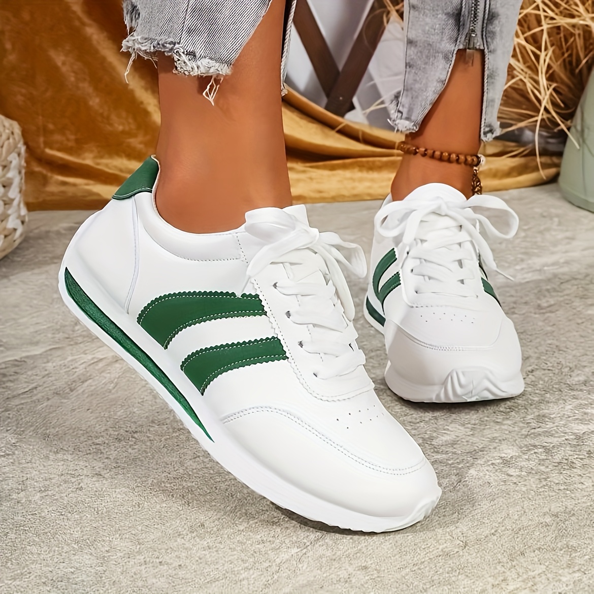 Women'S Casual Sneakers, Lightweight White Synthetic Upper with Navy Blue/Green Stripe Accents, EVA Sole Lace-Up Low-Top Design, All-Season Wear, for Daily Use, Outdoor Sports, Parties, Fitness, Beach Activities, Vacations & Holiday Gifts