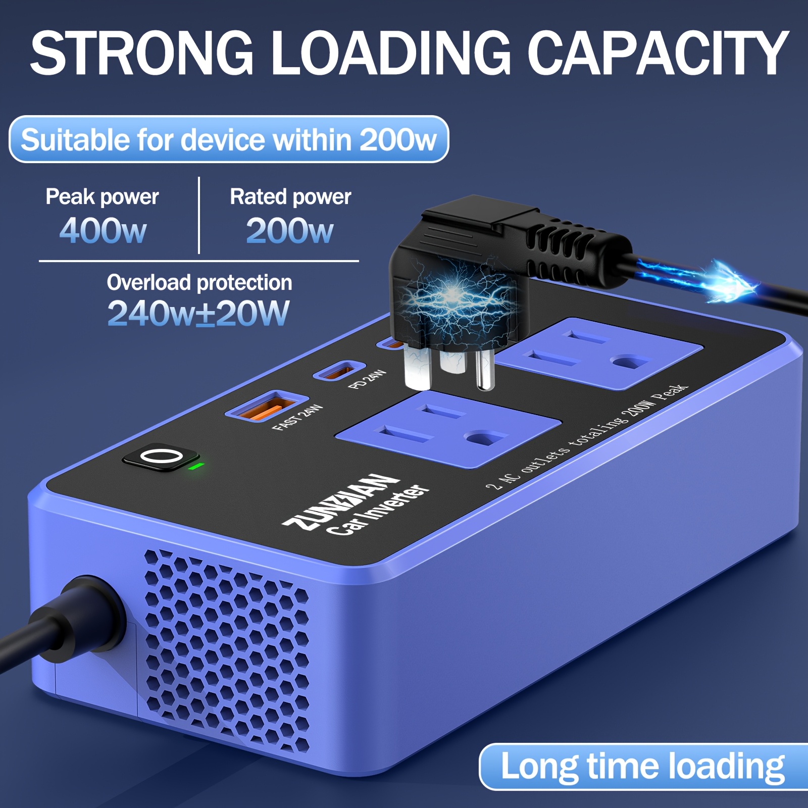 200W Car Power Inverter Converter, USB-C USB-A Type-C Fast Charging DC 12V to 110V AC Car Plug Adapter, Portable Car Inverter Charger with PD 24W/ QC 24W Quick Charge, Power Inverter for Vehicles, Car Office Working, Camping, Road Trip