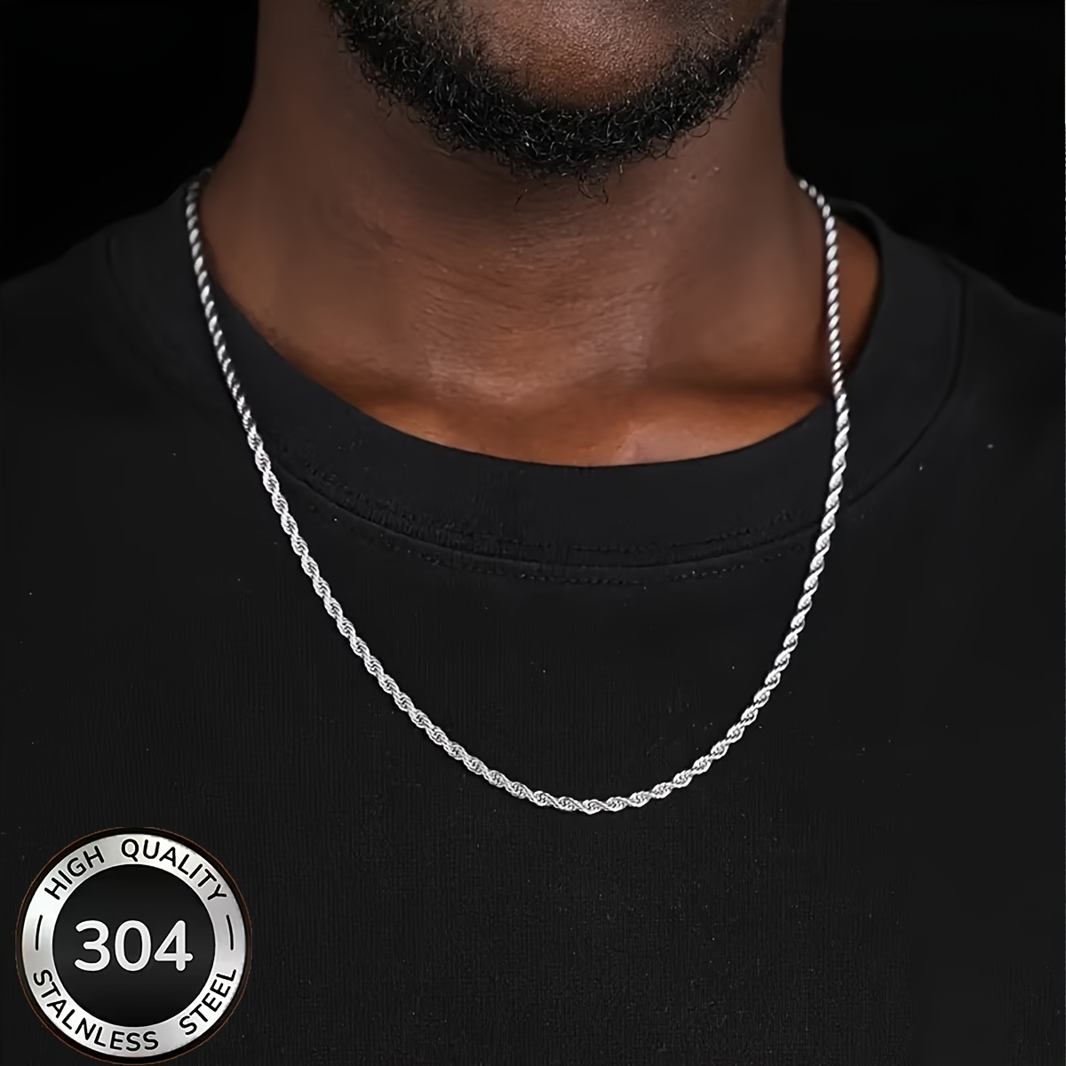 TEMU Men's 18k Gold Plated Golden-plated Rope Chain Necklace, 304 Stainless Steel Matte Hypoallergenic Hip-hop Fashion Necklace, Suitable For Men'