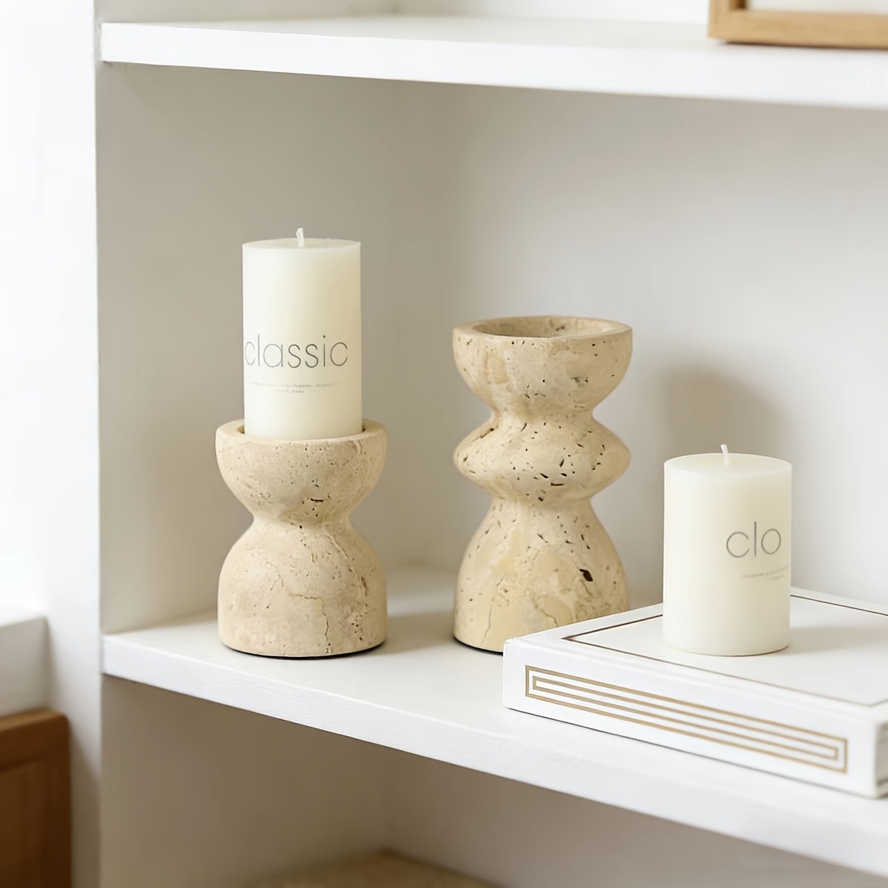 2pcs Elegant Minimalist Natural Marble Hand-Carved Beige Candlestick, Suitable for Living Room, Dining Room Home Centerpiece Decoration, Wedding Party And Other Occasions