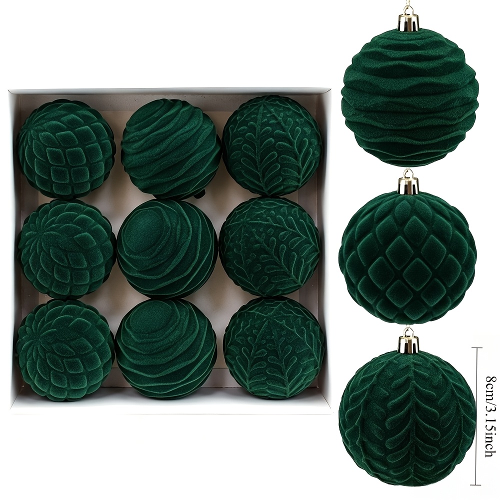 TEMU 9 pezzi di palline natalizie flocchiate verde scuro, 8 cm, baubles in velluto texturizzato in , ornamenti da albero di Natale infrangibili per