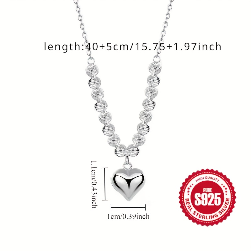 925 Sterling Silver Heart Pendant Necklace with Anti-Allergy Beads