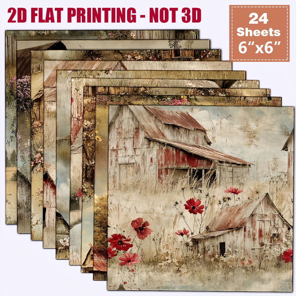 TEMU 24 Sheets 6x6 Inch Vintage Material Paper, Old Wooden Cabin Wild Poppy Pastoral Oil Painting Base Paper, Vintage Junk Journal Scrapbook Gift