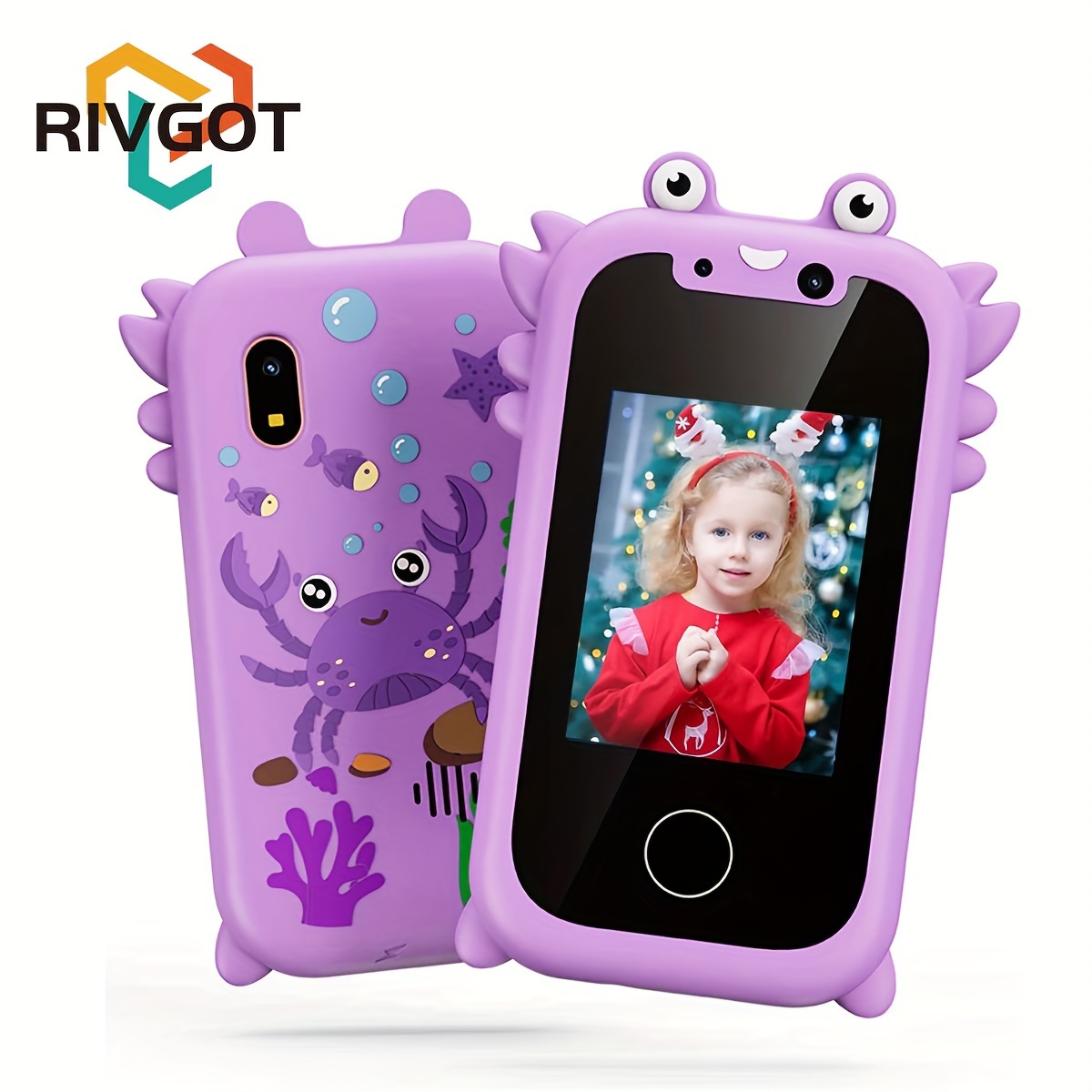 TEMU Rivgot ' Camera Toy - Portable Learning Phone For Ages 3-12, Dual Cameras, Touch Screen With Educational Games, Usb Rechargeable, Blue Silicone