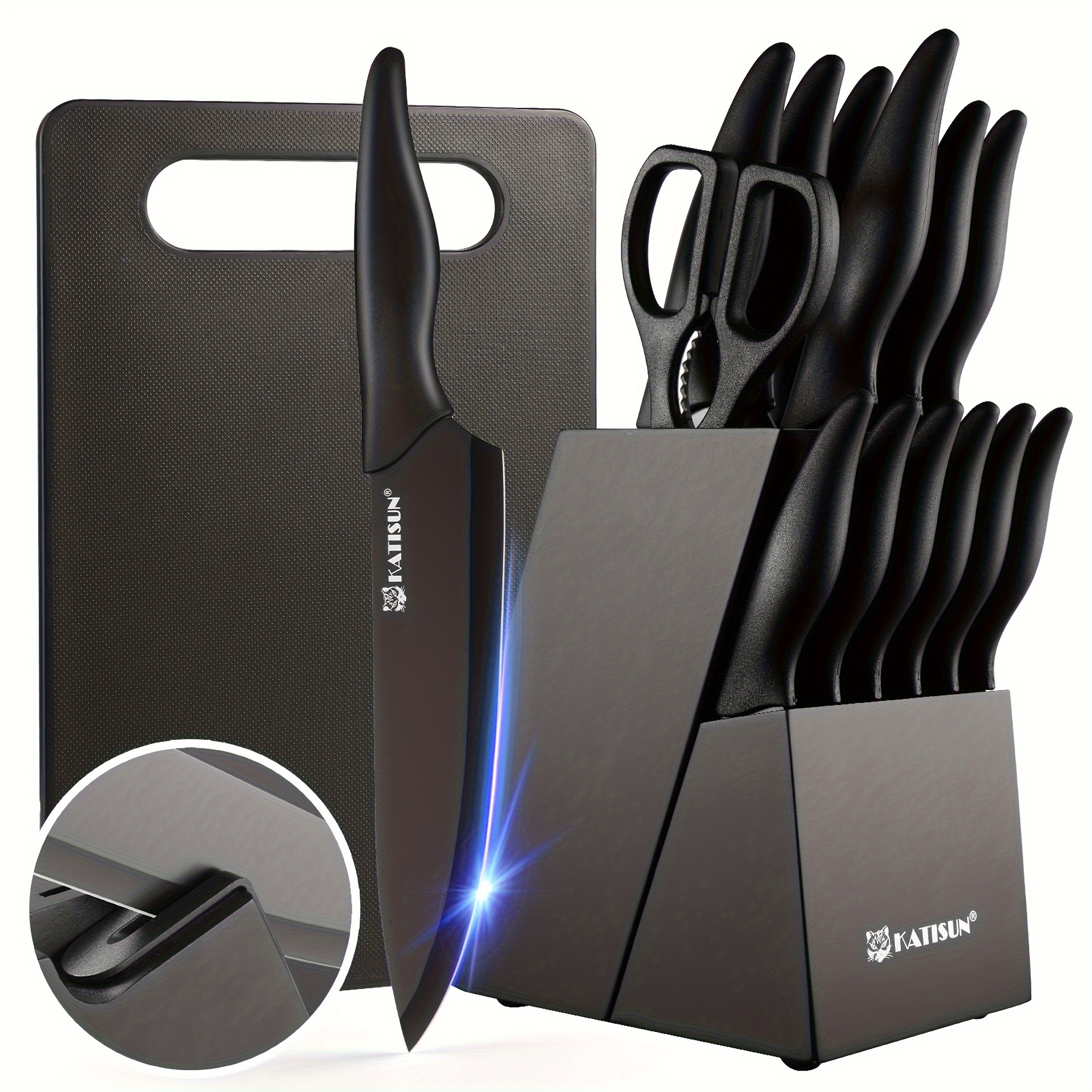 

15 Pieces Professional Black Coding Kitchen Knife Set With Black Wooden Block, Non-slip Abs Handle For Chef Knives, Plastic Cutting Board, And Kitchen Shears For Family And Restaurant