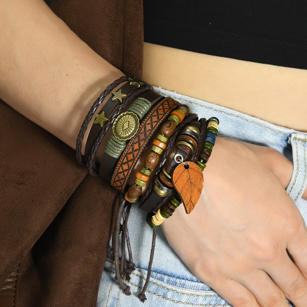 TEMU New 6pcs Retro Fashion Faux Leather Woven Bracelet Wooden Bead Alloy Leaf Pendant Bangle Unisex Perfect Christmas Gift, For Teenager, For