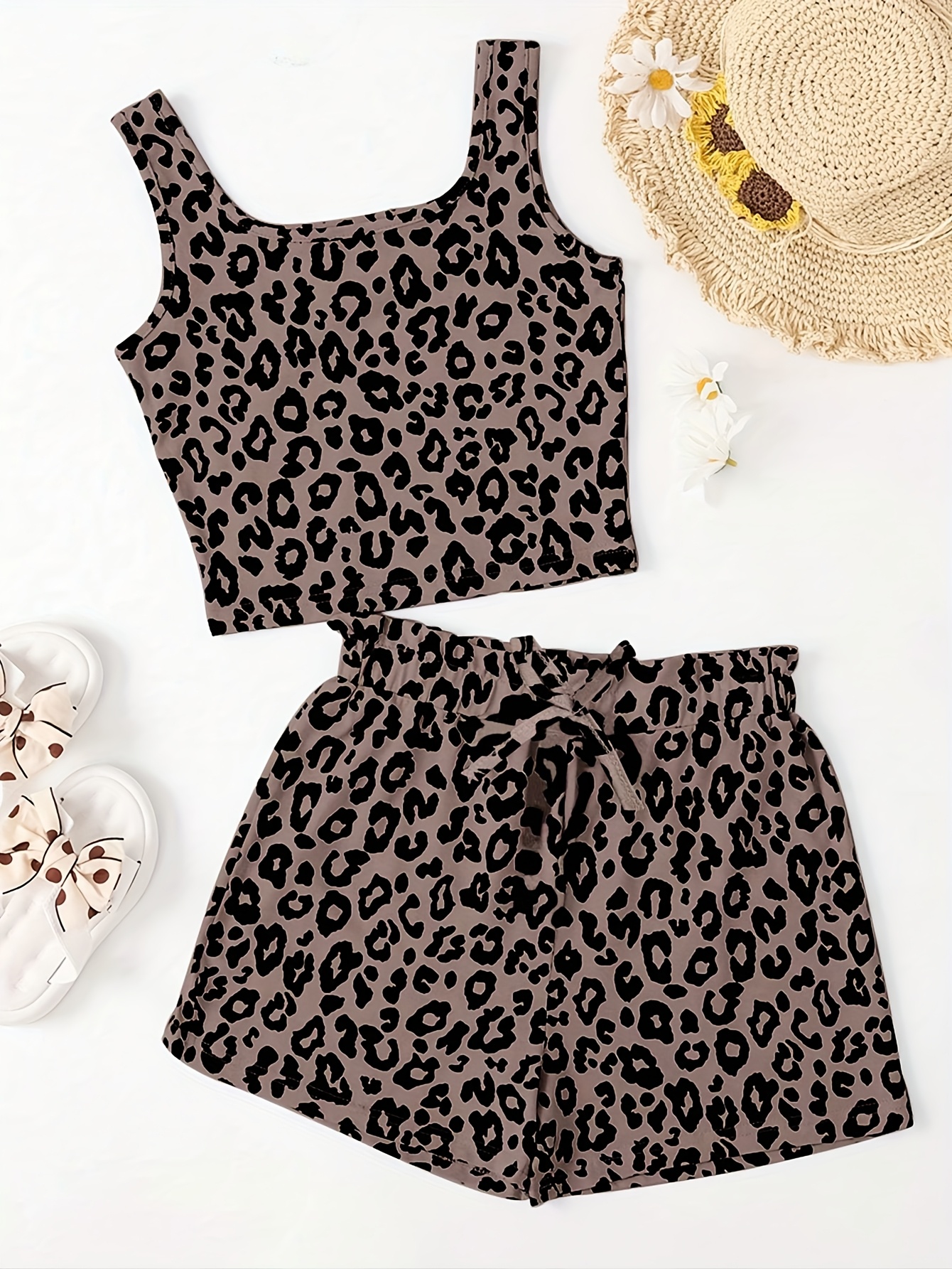 Girls' Summer Fashion Shorts Set, Leopard Print Design with Drawstring,  Polyester Fabric, Comfortable and Soft, Suitable for Outdoor, Vacation,