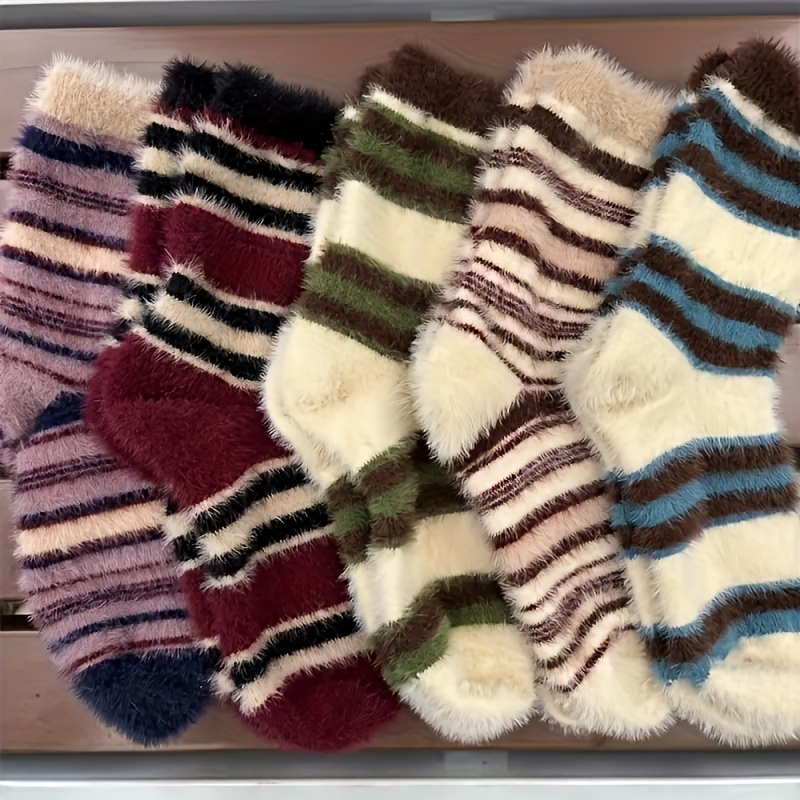 

5pcs Women's Striped Fuzzy Calf Socks, Polyester And Elastane , Cozy Knit Warm Mid-calf Length, With Hand Wash Recommended