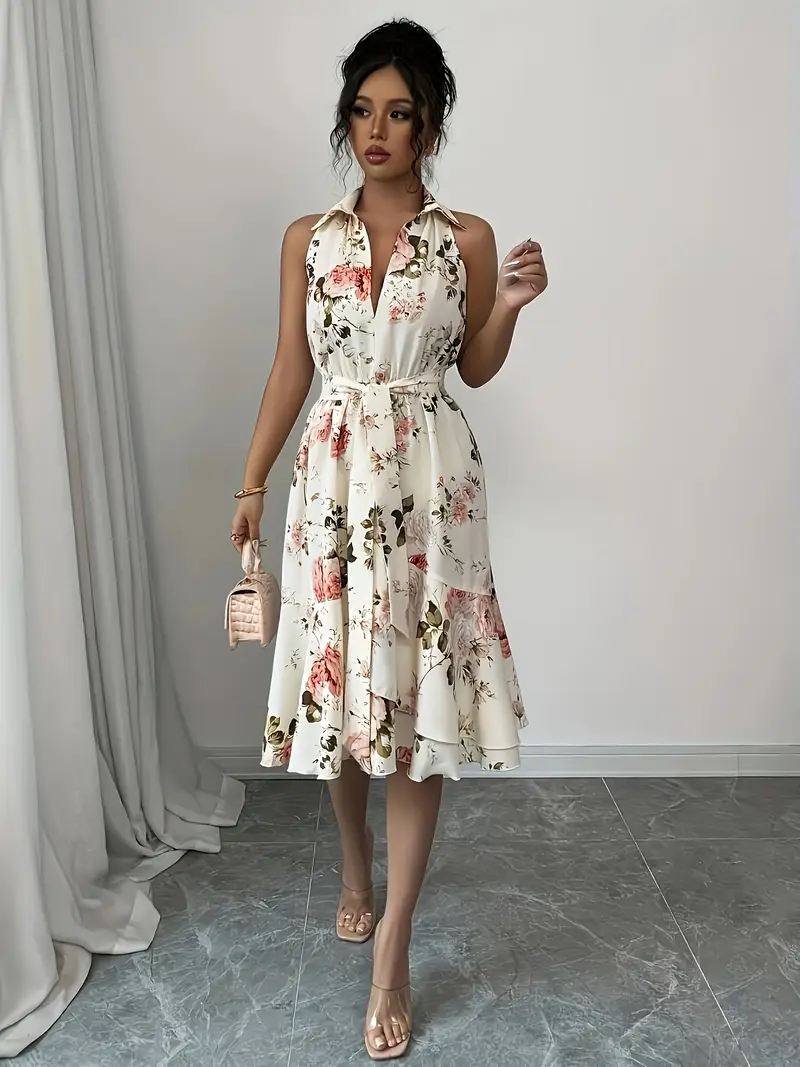 elegant floral print v neck dress for women sleeveless tie waist lightweight summer dress with lace up detail casual or formal occasions cute dress Product details 0
