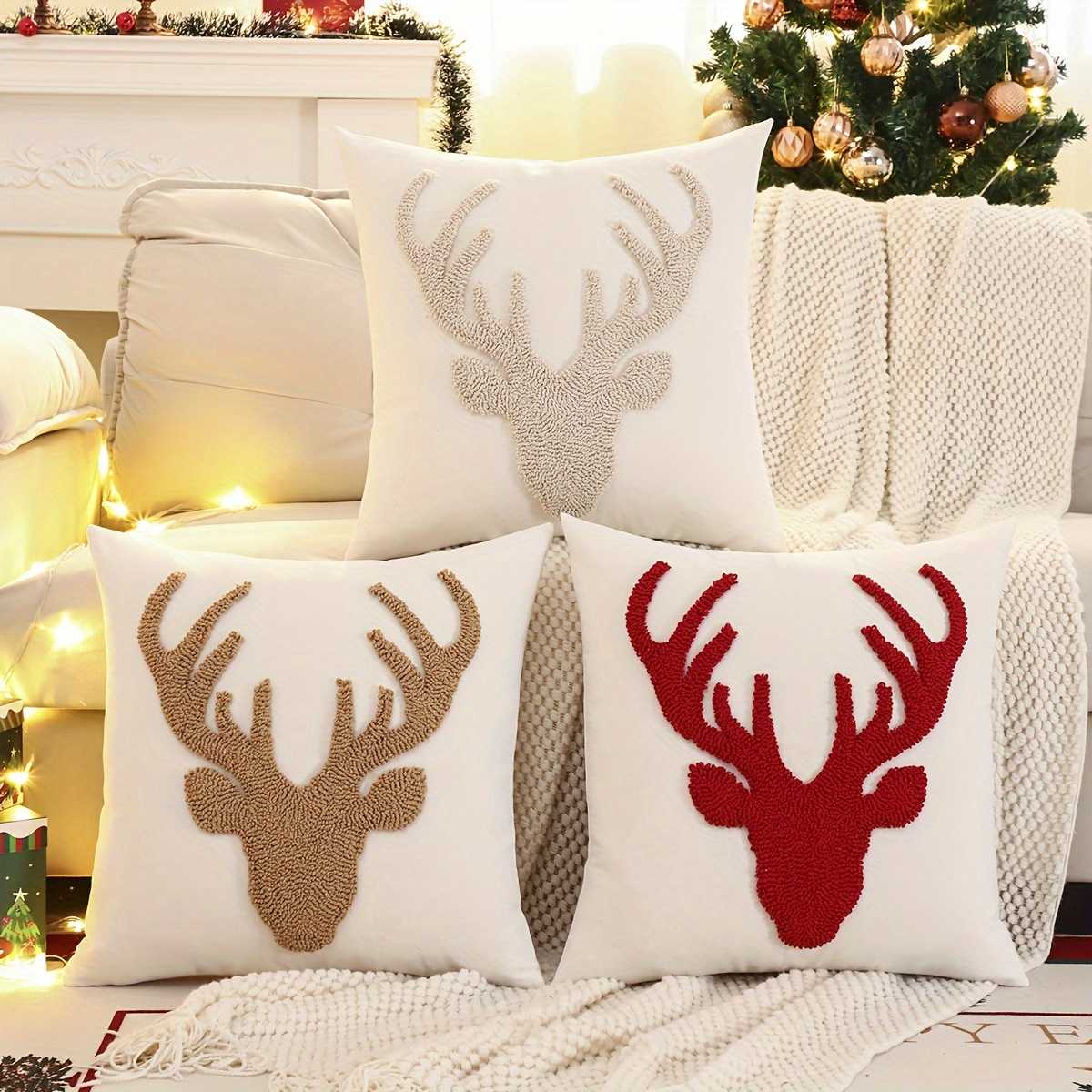 

Christmas Reindeer Embroidered Canvas Throw Pillow Cover - Home Decor For Living Room & Bedroom, Zip Closure, Hand Wash Only