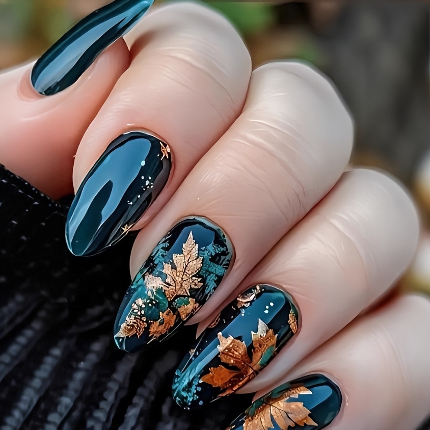 TEMU 24pcs Long Almond-shaped Decorative Nails. Autumn-winter Retro Dark Green Gold-embossed Maple Leaf Fake Nails. High-end Glossy Texture Enhancing
