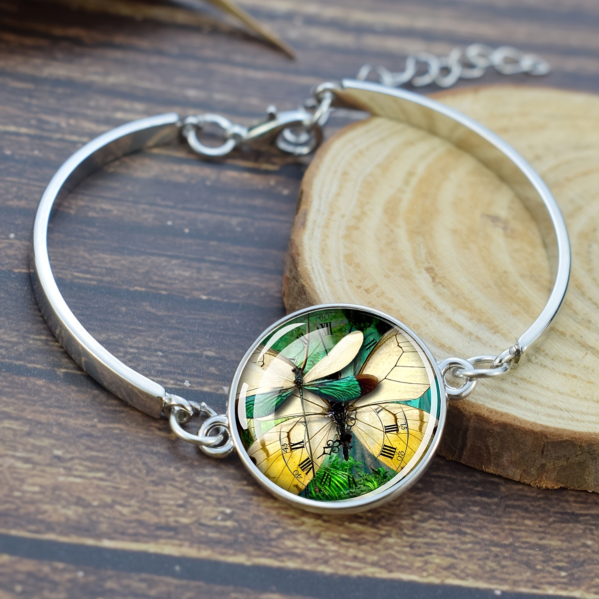 Dragonfly and Vintage Clock Motif Glass Dome Bracelet