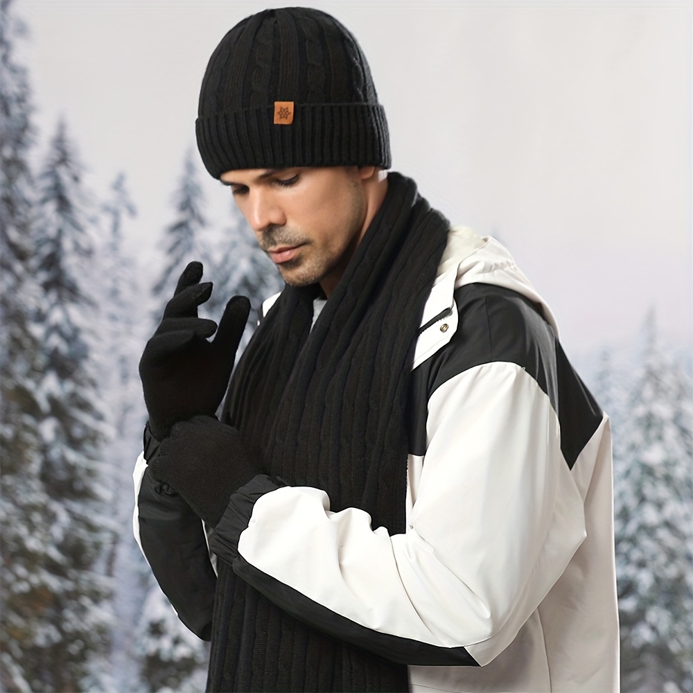 TEMU Winter Men's Knit Hat, Thickened Fleece Scarf & Gloves Three-piece Set, Winter Accessories, Winter Essentials, , Winter Outfit, Winter Wear,