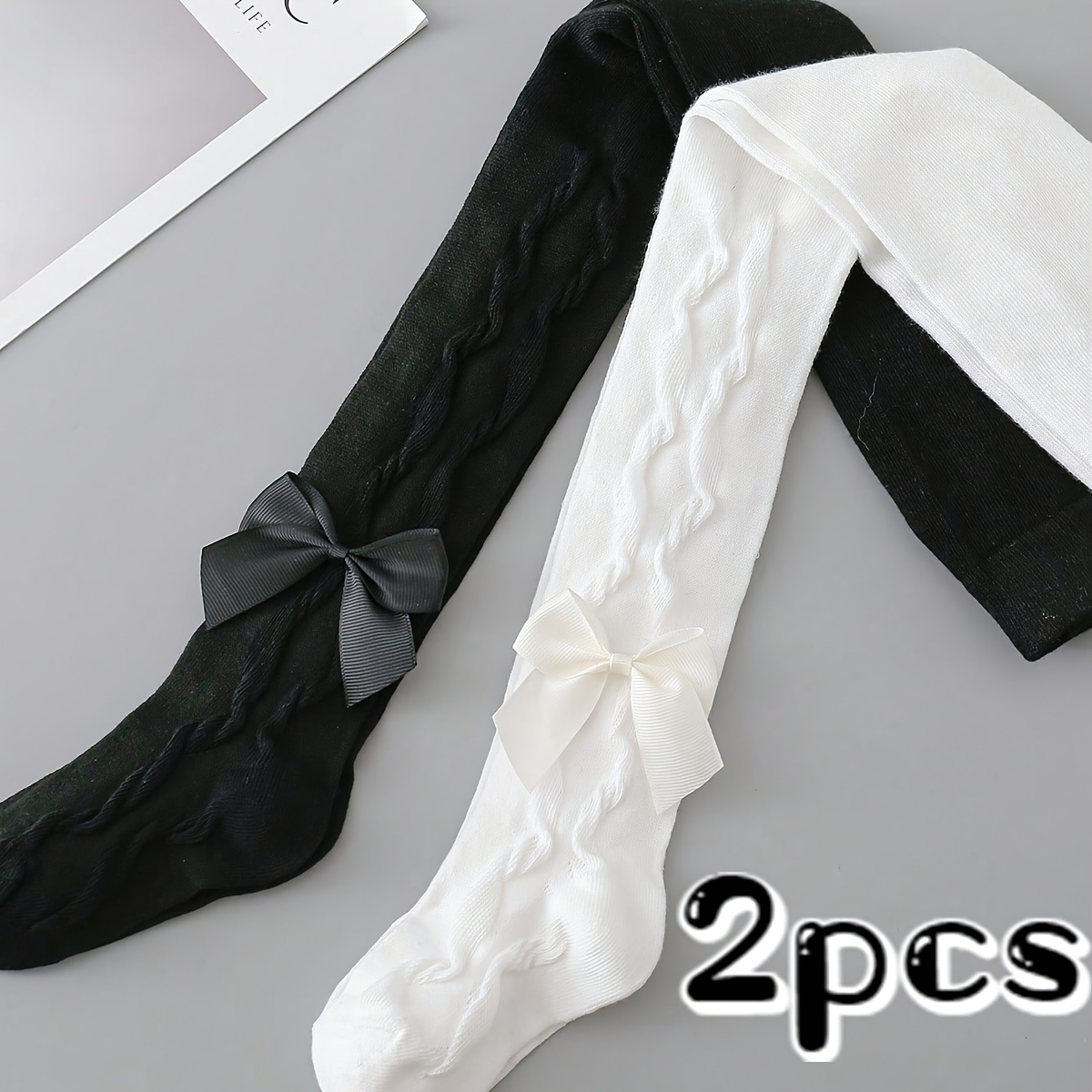 2-Pack Meisjes Zwarte en Witte Strikversierde Eenvoudige Panty's, Ideaal voor Schooluniformen