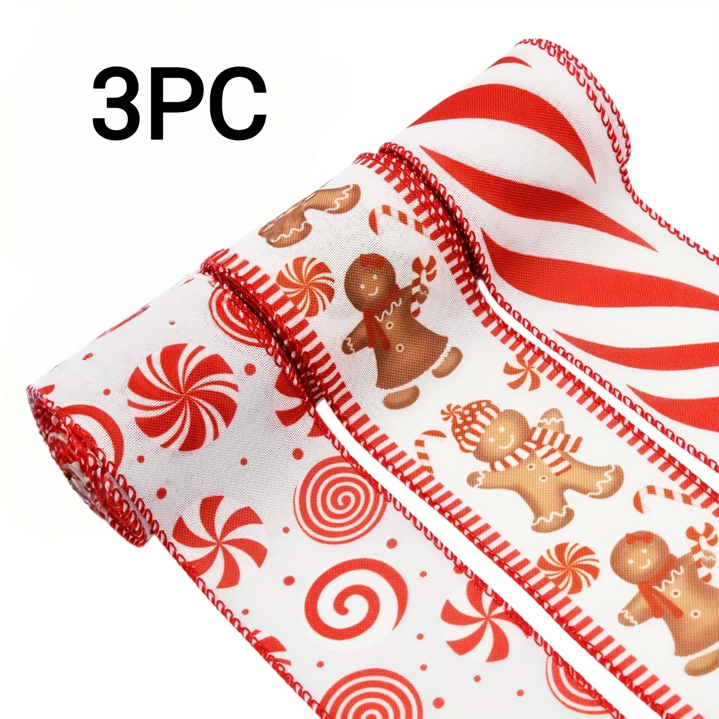 TEMU Trois Rouleaux de Ruban de Bord Filé Pain d'Épices de Noël, Idéal pour les Nœuds de Couronnes, 2,5 Pouces de Large, Ruban Filé à Rayures de