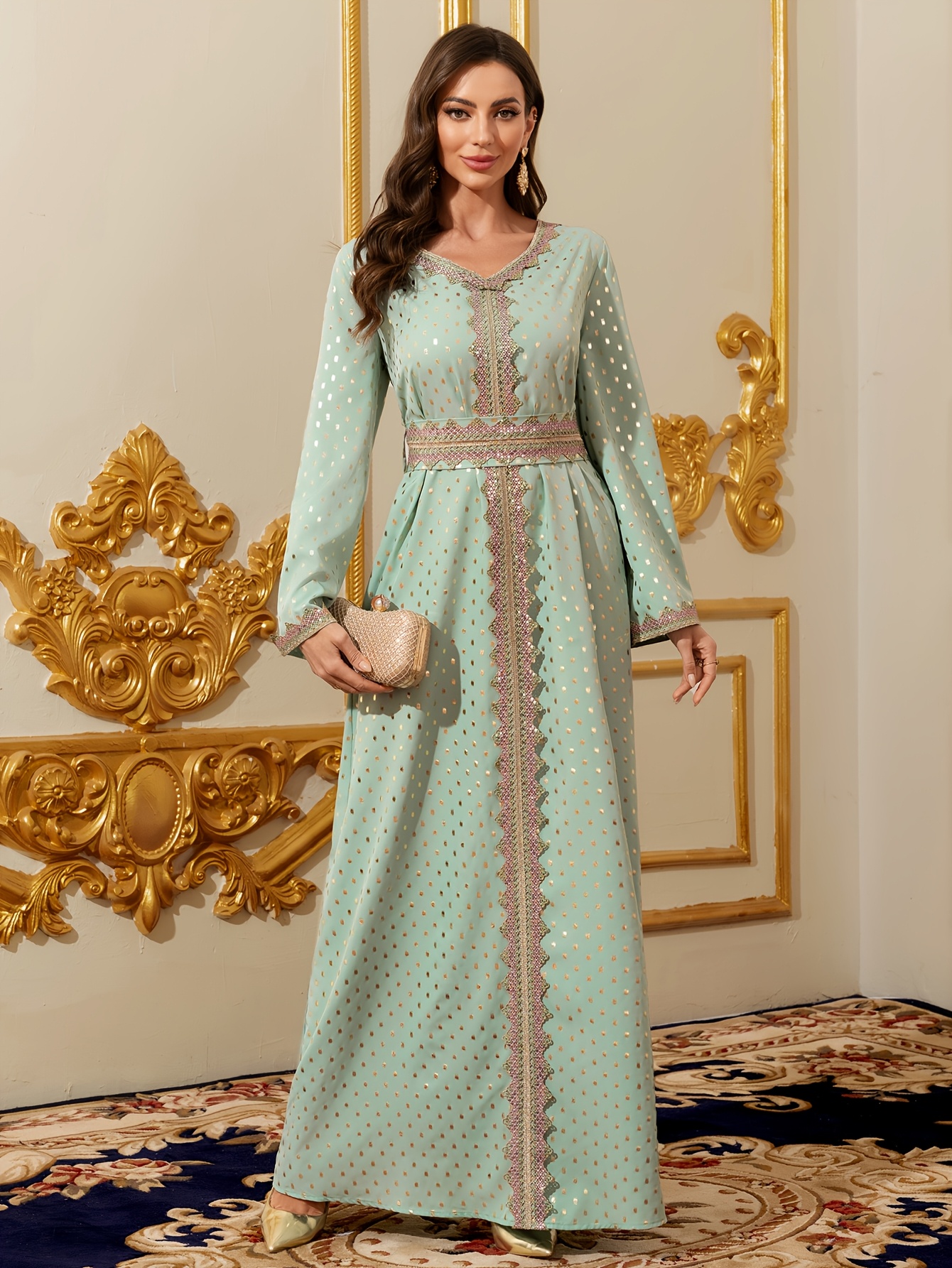 eid celebration premium mint green gilded polka dot hem robe - Temu United  Kingdom